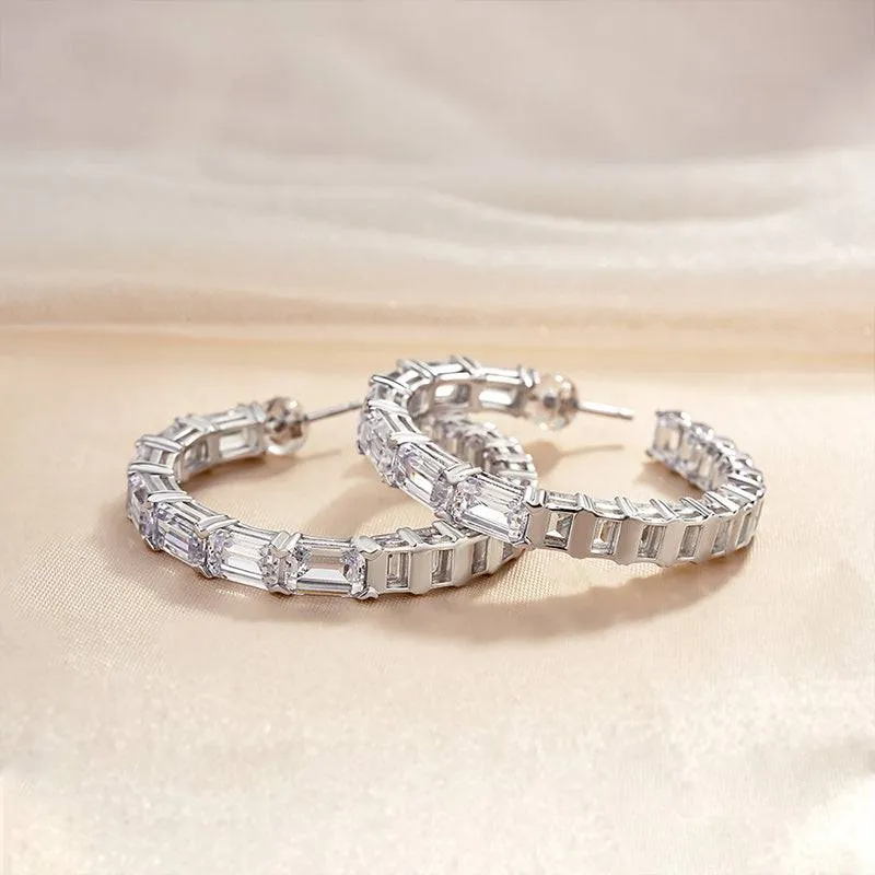 Louily Sparkle Emerald Cut Women's Hoop Earrings In Sterling Silver Airy Light Timeless Gems