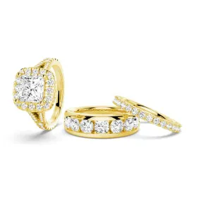 Unique Look Princess Cut Split Shank Halo Moissanite Couple's Ring Set with Men's Wedding Band