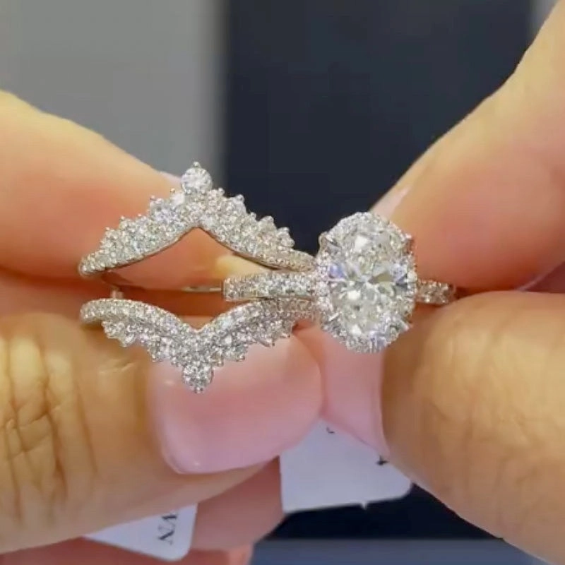 Monochrome Fit Party Vibe 3PC 4.0Ct Halo  Oval Cut Wedding Ring Set With Two V-shaped Design Half Eternity Wedding Bands