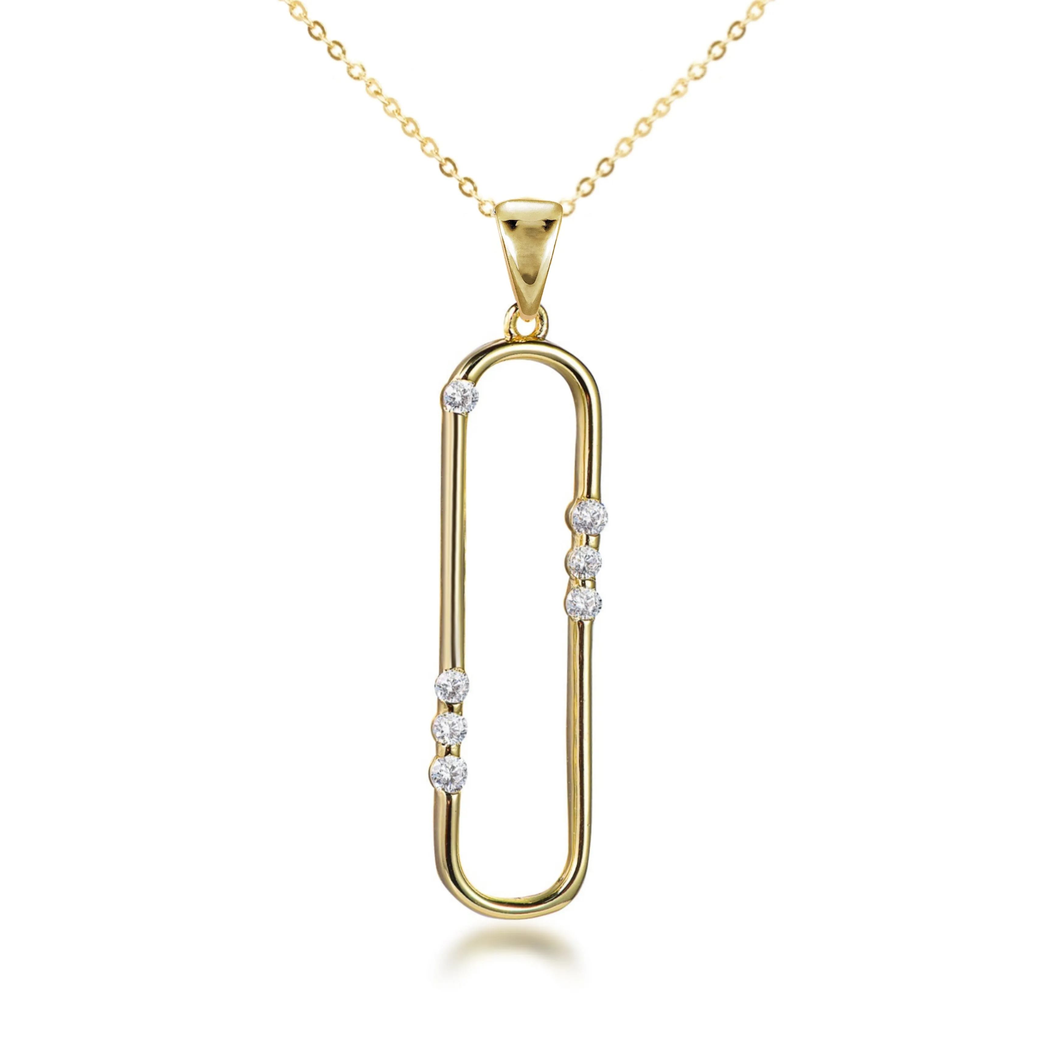 Gold Plated Sterling Silver "Diamond" Accent Paperclip Pendant Necklace Gift For Mom Unisex Wedding Item
