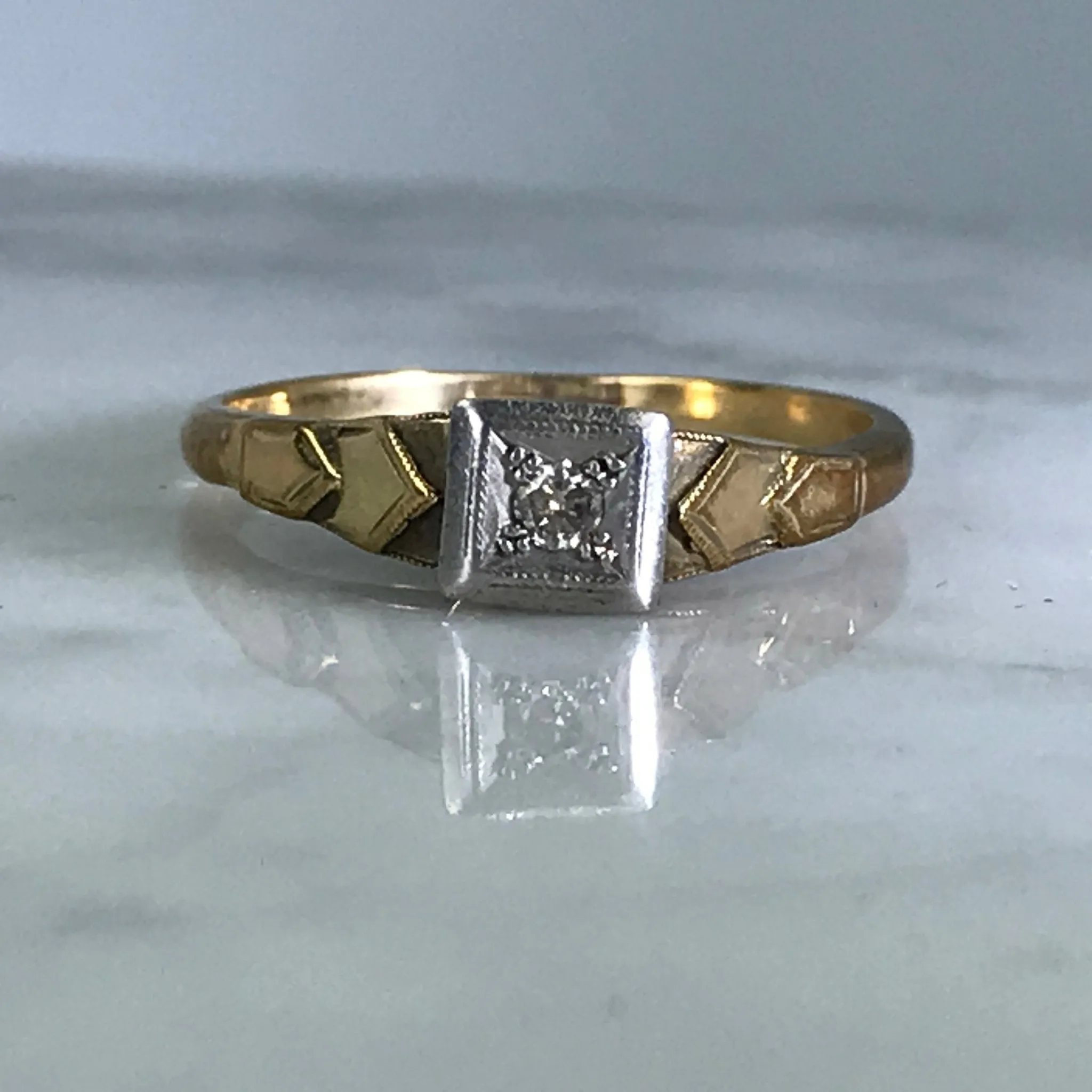 Out Of Box Customizable Design Art Deco Diamond Promise Ring. 18K Gold and Platinum Setting. April Birthstone. 10 Year Anniversary.