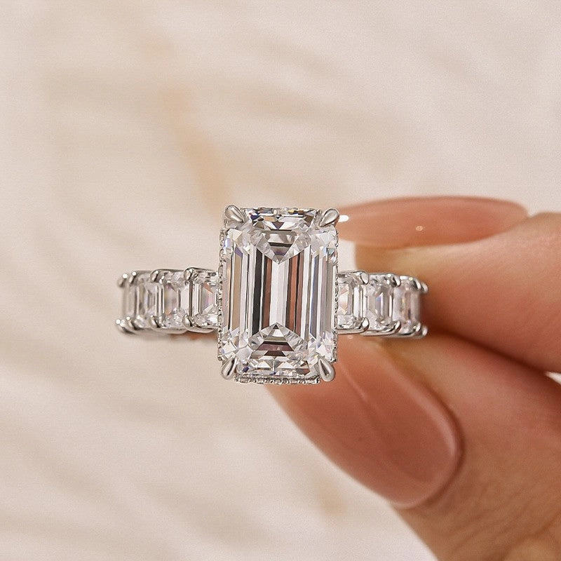 5.0Ct Emerald Cut Engagement Ring Travel Ring In Sterling Silver Pure Feature