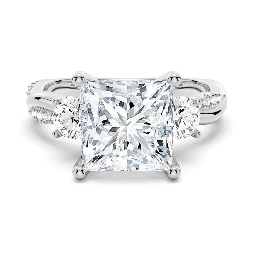 Perfect Accent Twisted Band Princess Cut  Three Stone Moissanite Engagement Ring