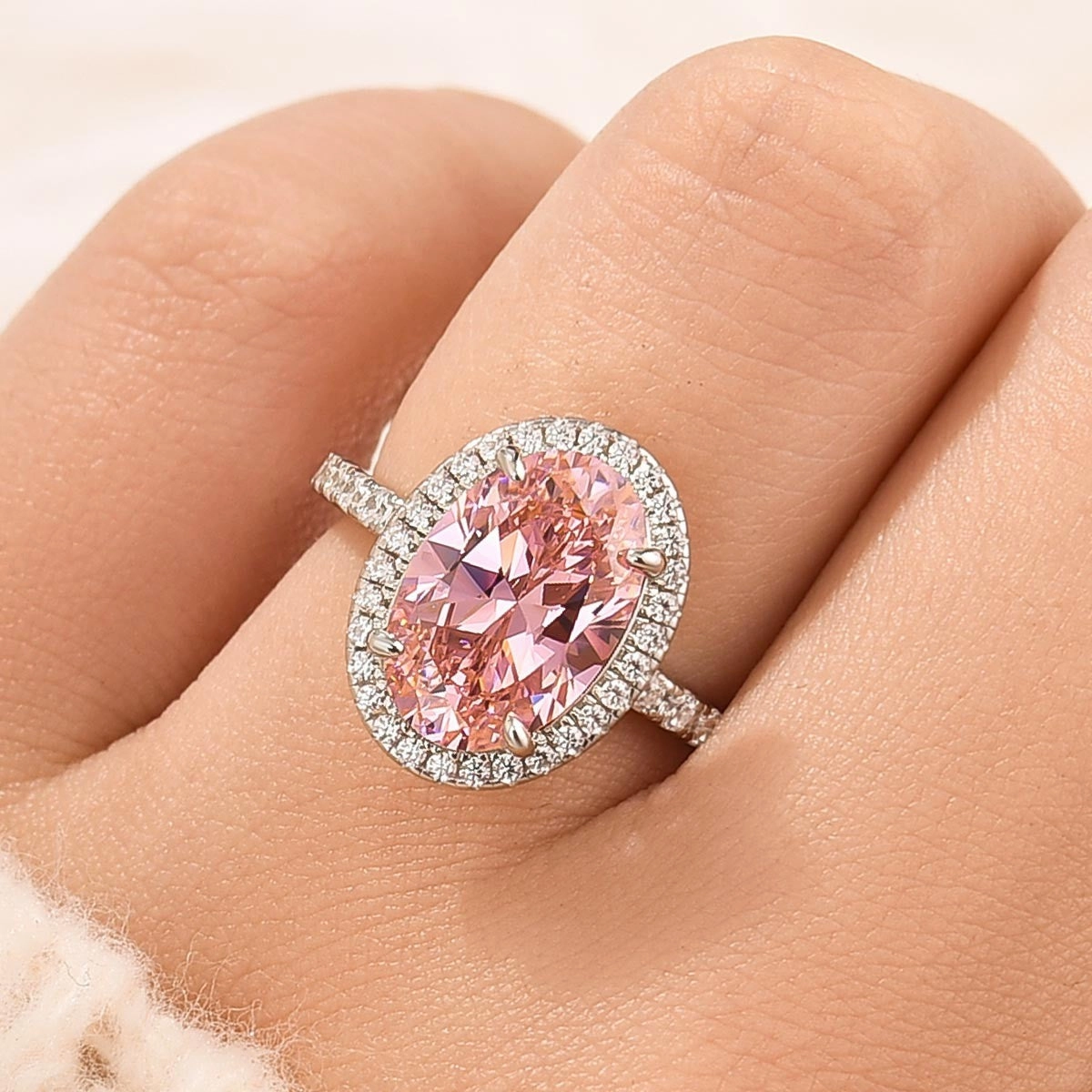 4.0Ct Halo Oval Cut Pink Engagement Ring For Women In Sterling Silver Fresh Highlight