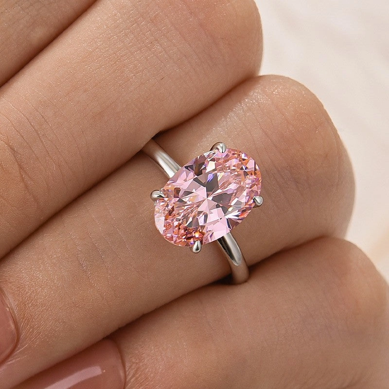 Glamour Effect Office Style Classic Pink 4.0Ct Solitaire Oval Cut Hidden Halo Engagement Ring In Sterling Silver