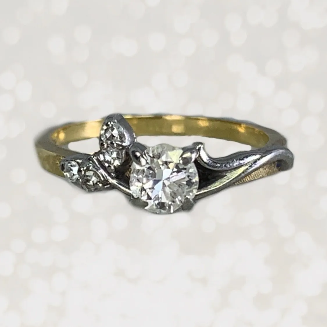 Fashionable Style party look 1930s Art Nouveau Diamond Engagement Ring by Jabel in 18K Gold. Unique Estate Jewelry.