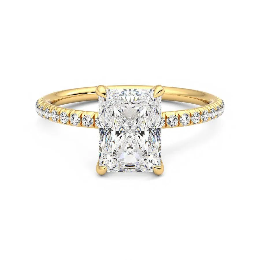 Beautiful Sign Classic Style Four Prong Radiant Cut Moissanite Engagement Ring with Hidden Anniversary Stone Accent