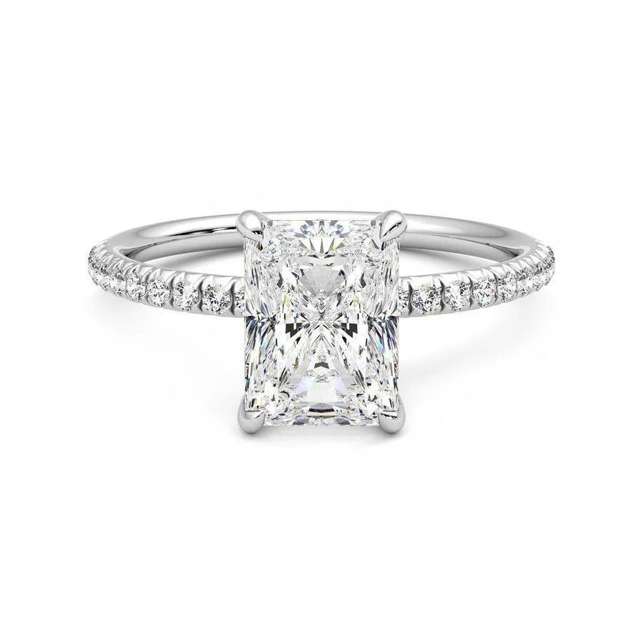 Beautiful Expression Four Prong Radiant Cut Moissanite Engagement Ring with Hidden Anniversary Stone Accent