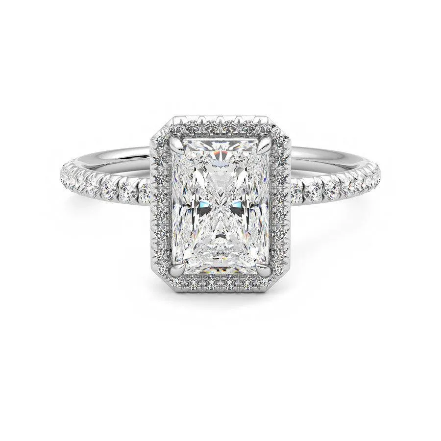 Meaningful Symbol Classic Halo Radiant Cut Moissanite Engagement Ring with Hidden Anniversary Stone Accent