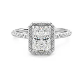 Classic Halo Radiant Cut Moissanite Engagement Ring with Hidden Anniversary Stone Accent Custom Expression
