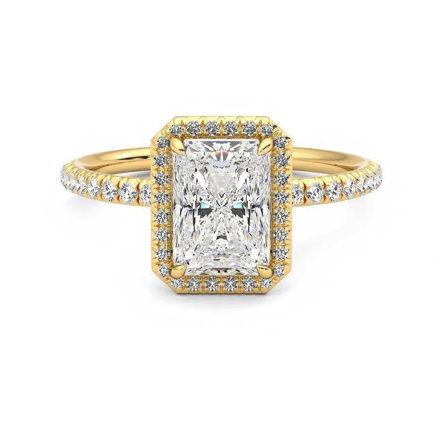 Fashionable Article Classic Halo Radiant Cut Moissanite Engagement Ring with Hidden Anniversary Stone Accent