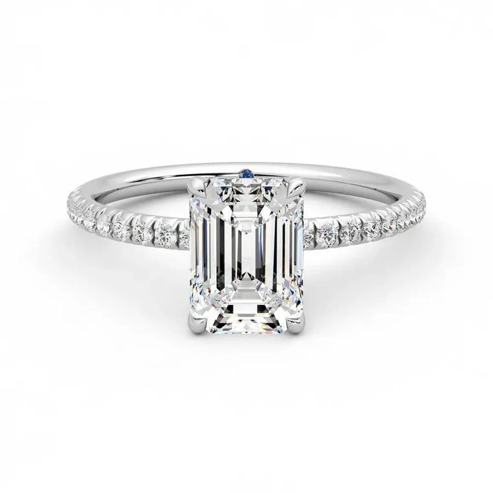 Four Prong Emerald Cut Moissanite Engagement Ring with Hidden Anniversary Stone Accent Warranty Included HighEnd Bauble