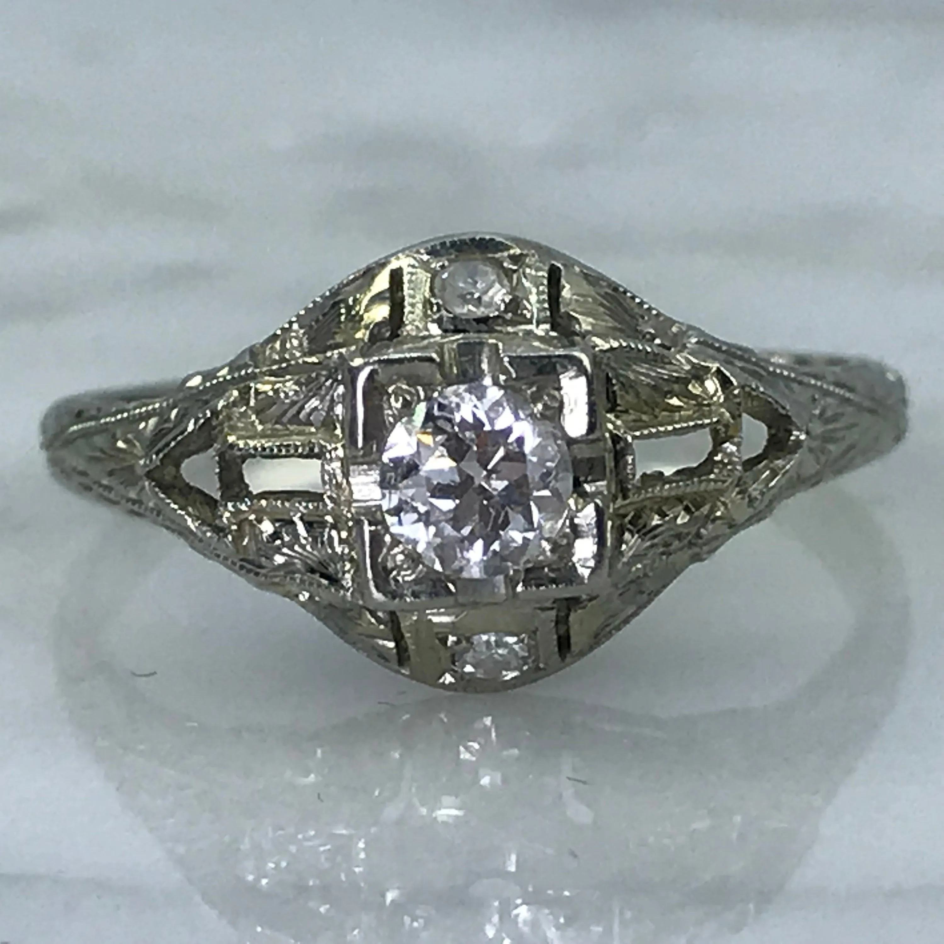 Cute Present Art Deco Diamond Engagement Ring. 18K White Gold. April Birthstone. 10 Year Anniversary Gift.