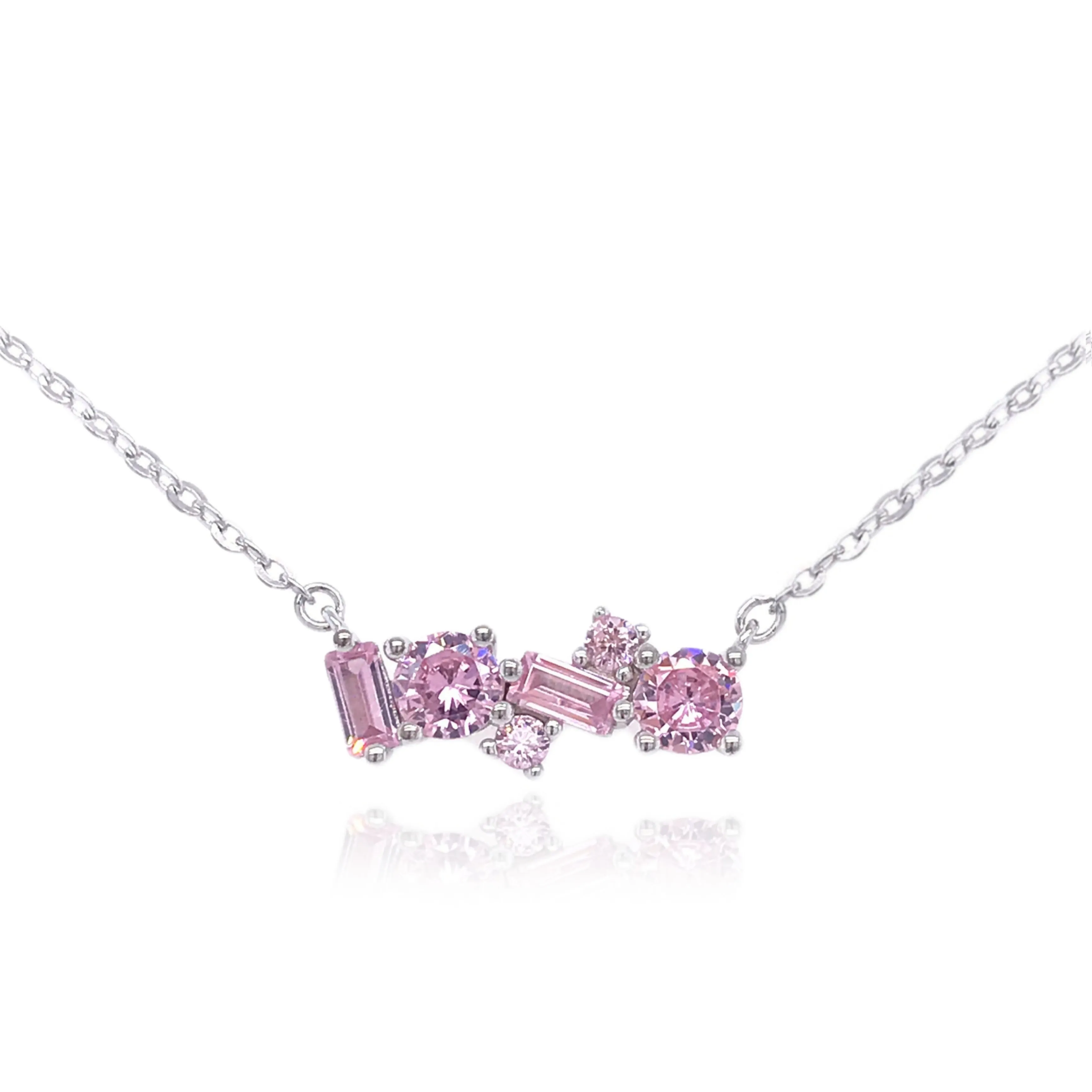 Sterling Silver Pink or Clear and Emerald Bar Necklace For Daughter International Jewelry