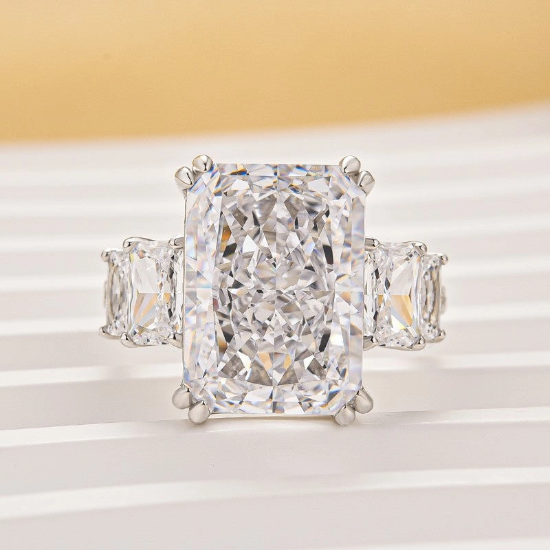 10.0Ct Radiant Cut Three Stone Luxe Engagement Ring In Sterling Silver Soft Glam Sleek Look