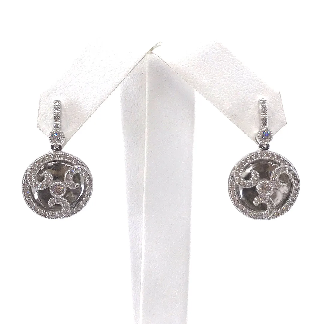 Sterling Silver MicroPave CZ Circle with Swirls Earrings Matte Piece Rectangular Item