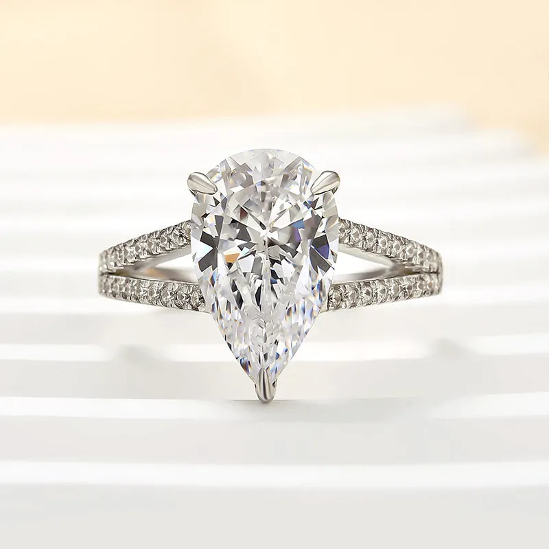 Distinctive Craft Lustrous Glow Louily Unique Split Shank Pear Cut Engagement Ring In Sterling Silver