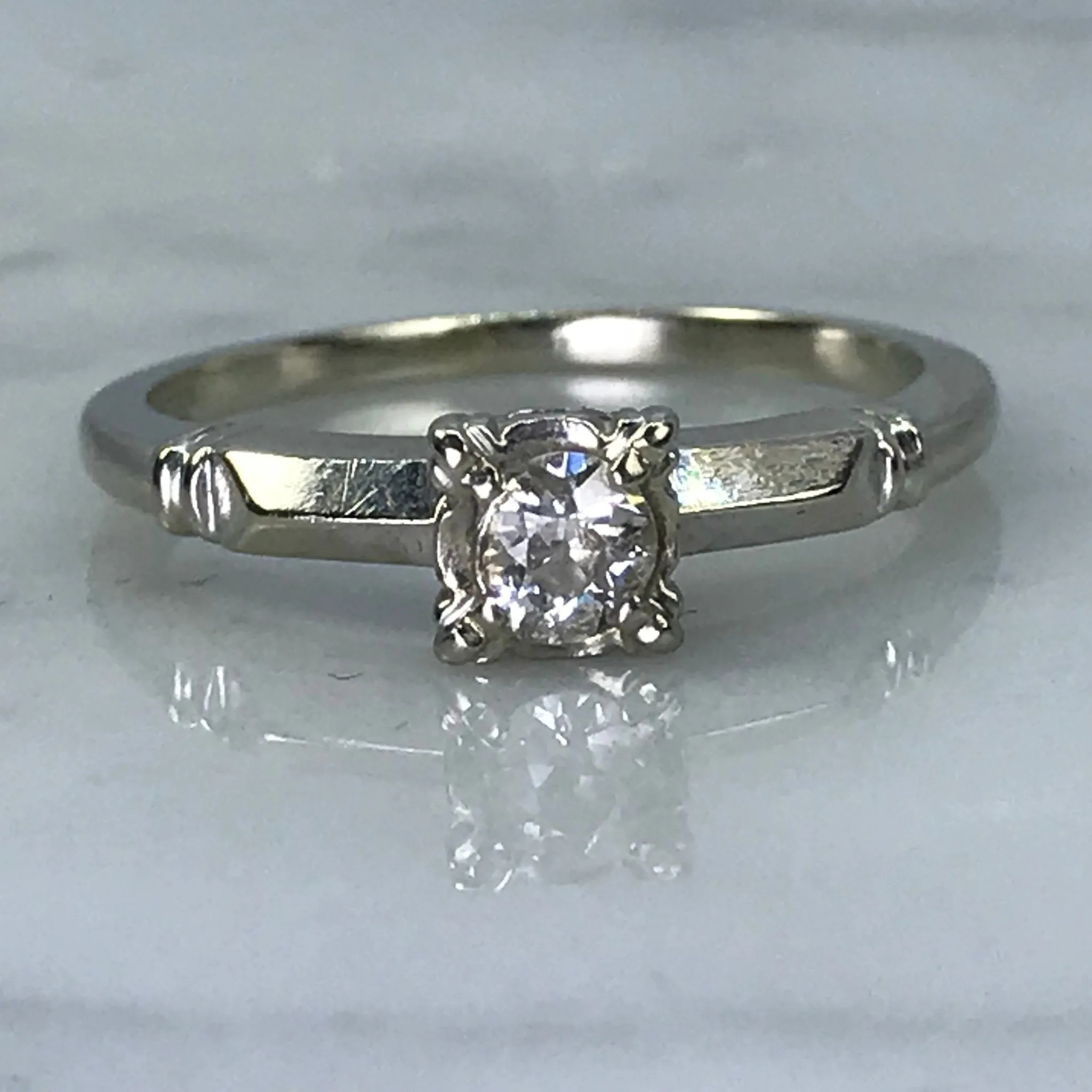 Vintage Diamond Engagement Ring. 14K White Gold. April Birthstone. 10 Year Anniversary Gift. Fantastic Embellishment