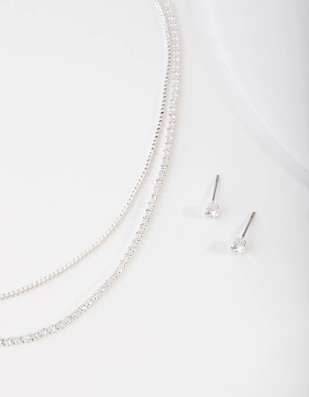 Sleek Glow Everyday Style Cubic Zirconia Multi-Layered Necklace & Earrings Set