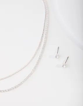 Sleek Glow Everyday Style Cubic Zirconia Multi-Layered Necklace & Earrings Set
