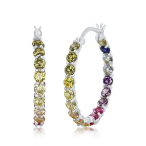 Large Adornment Sterling Silver 3x25mm Inside-Outside Rainbow CZ Hoop Earrings