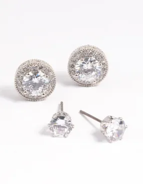 Romantic Finish Silver Diamond Simulant Stud Earring Set