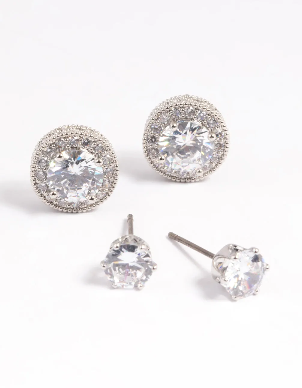 Romantic Finish Silver Diamond Simulant Stud Earring Set