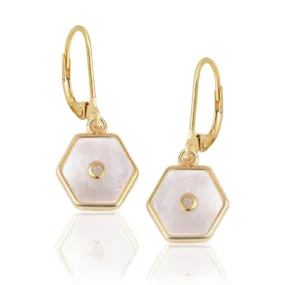 Night Decoration CZ Center Hexagon Shape Mother of Pearl Surgical Steel Earrings