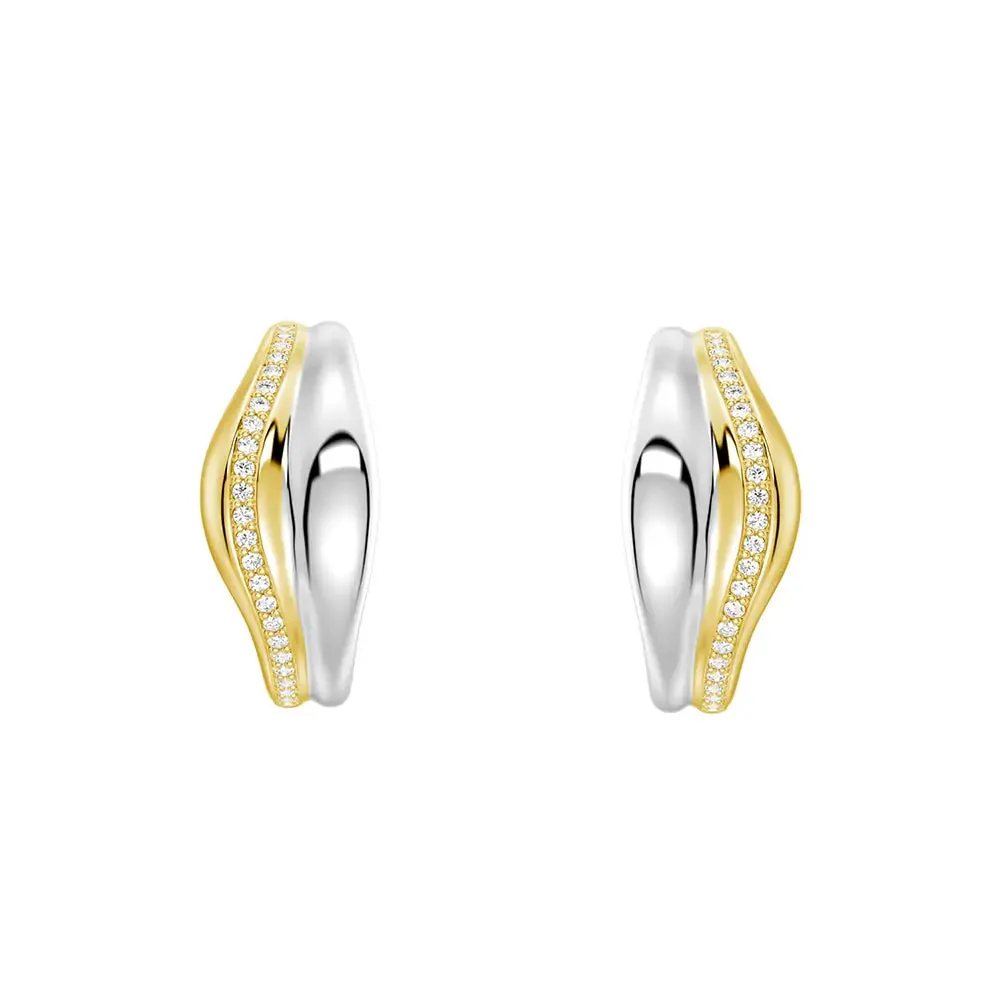 Two-Tone Semi Hoop Eearrings with Edge-Stitched Diamonds Evening Ready