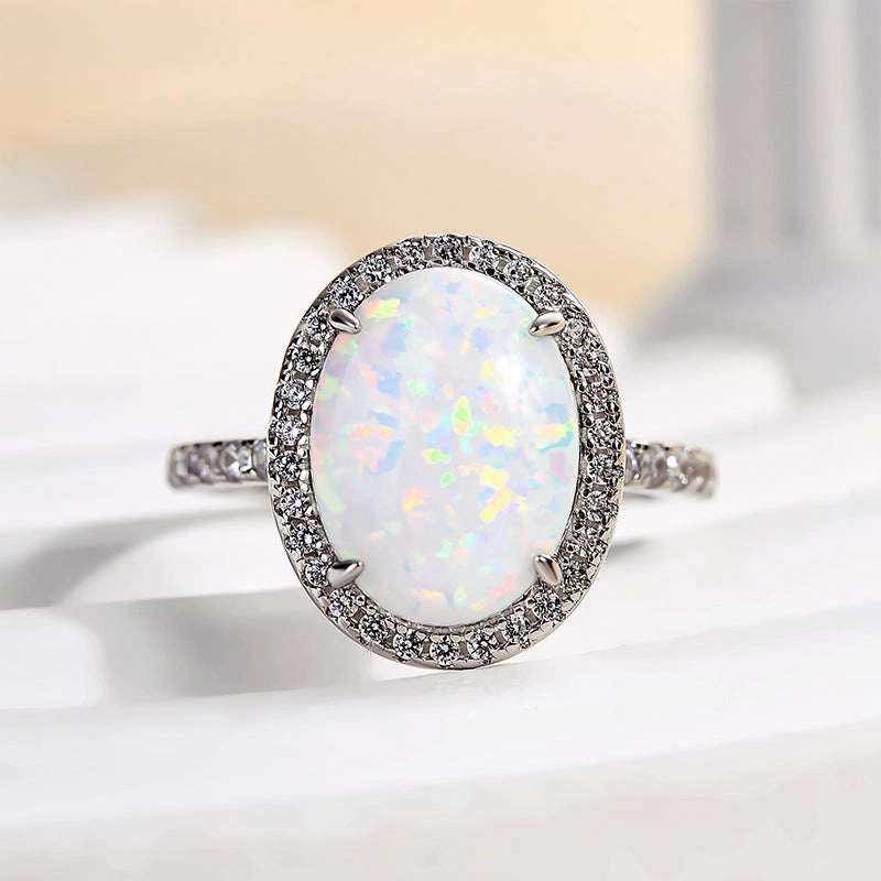 Louily Unique Opal Stone Halo Oval Cut Engagement Ring Balanced Accent