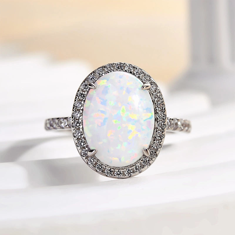 Glossy Detail Louily Unique Opal Stone Halo Oval Cut Engagement Ring
