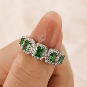 Luxury Highlight Silk Finish 3.3Ct Halo Emerald Cut Green Stone Anniversary Ring In Sterling Silver