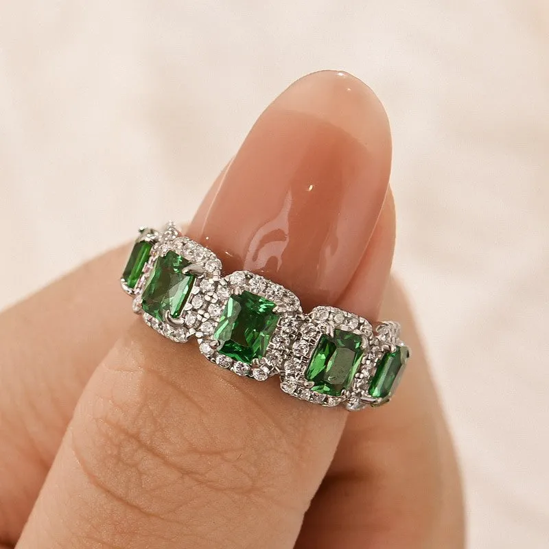 Luxurious Finish 3.3Ct Halo Emerald Cut Green Stone Anniversary Ring In Sterling Silver