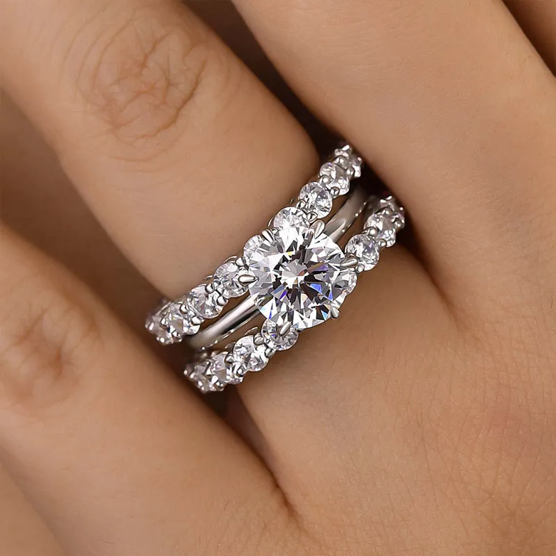 Louily Classic Round Cut 3-Pieces Wedding Set In Sterling Silver Pretty Detail Vibrant Charm