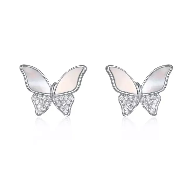 Sterling Silver Butterfly Half CZ Mother of Pearl Stud Earrings Elegant Decor Fashionable Ornament