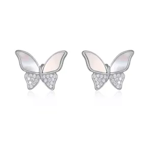Sterling Silver Butterfly Half CZ Mother of Pearl Stud Earrings Elegant Decor Fashionable Ornament
