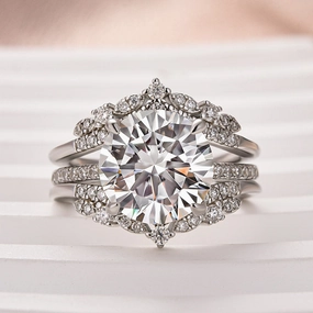 Moissanite 4.0 Ct Round Cut Insert Wedding Ring Set With Jacket Stack Wedding Band Unique Sparkle Custom Piece