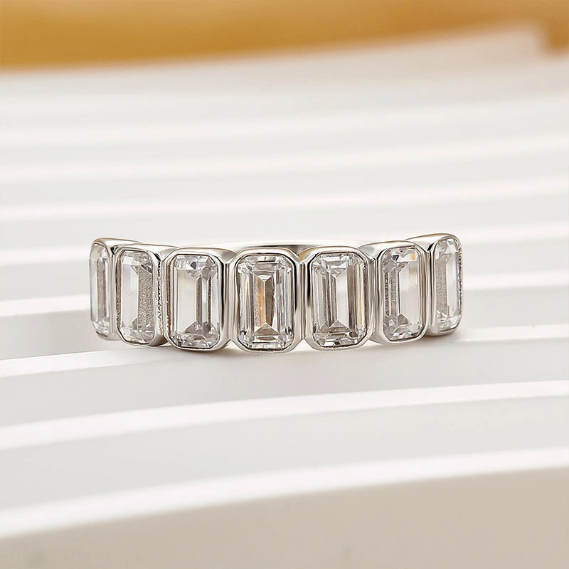 Dazzling Accent 2.8Ct Emerald Cut Bezel Half Wedding Band Travel Ring In Sterling Silver