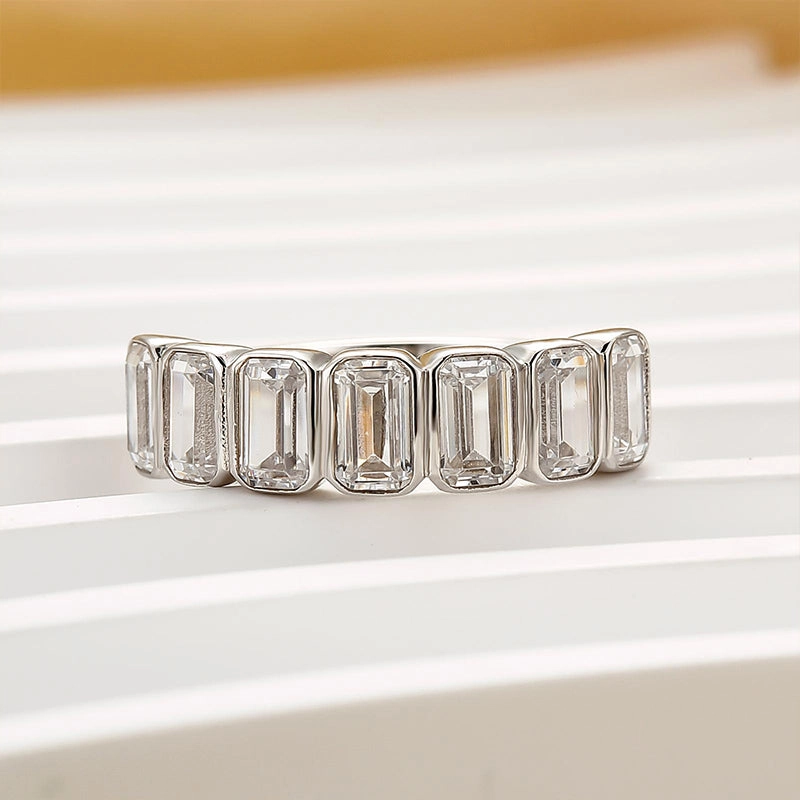 2.8Ct Emerald Cut Bezel Half Wedding Band Travel Ring In Sterling Silver Premium Feel