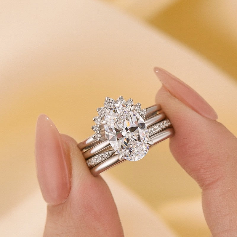 Shiny Accent Layered Design 4PC 4.0Ct Oval Cut Classic Wedding Rings Engagement Rings For Her