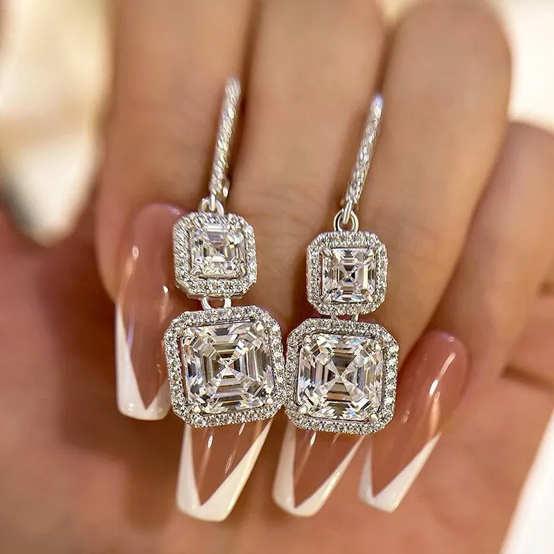 Louily Elegant Halo Asscher Cut Women's Earrings In Sterling Silver Evening Ready Textured Layers