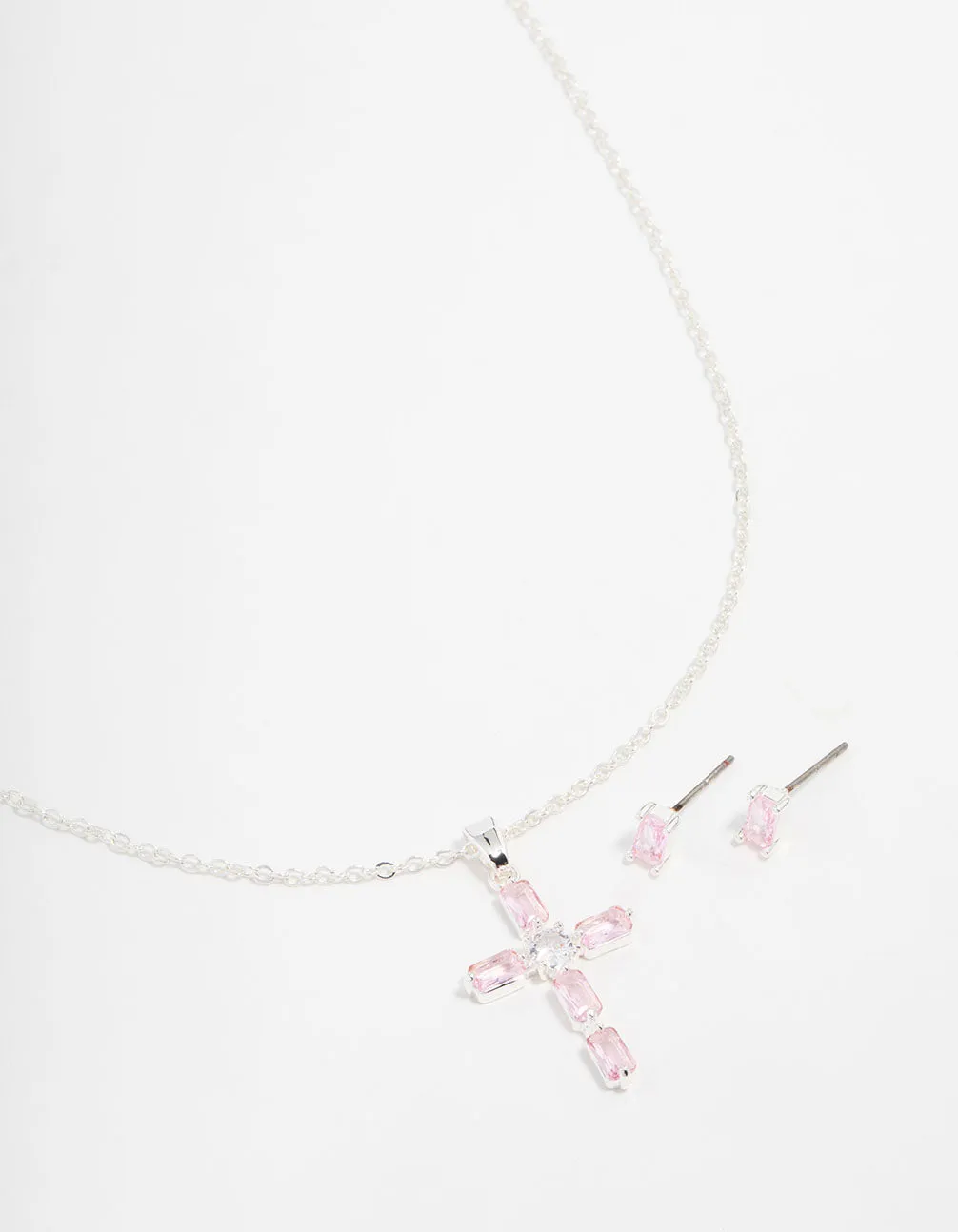 Silver Plated Diamante Cross Necklace & Stud Earrings Set Muted Glow Impeccable Highlight
