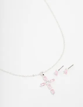 Silver Plated Diamante Cross Necklace & Stud Earrings Set Muted Glow Impeccable Highlight