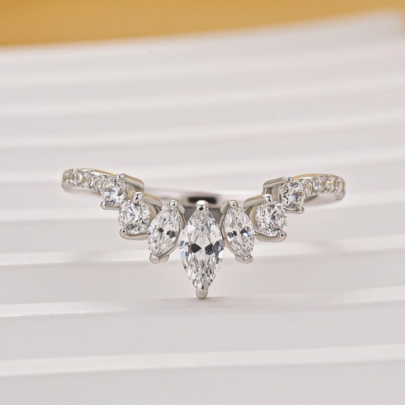 Glow Ready Shiny Craft Vintage Marquise Cut & Round Cut Crown-Shaped Wedding Band In Sterling Silver