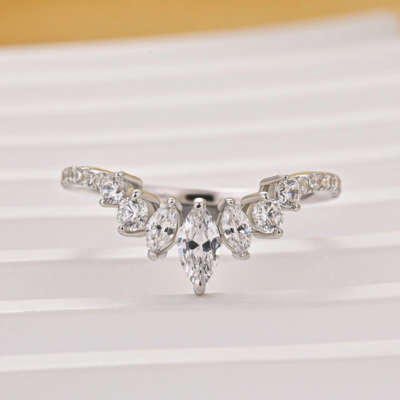 Vintage Marquise Cut & Round Cut Crown-Shaped Wedding Band In Sterling Silver Evening Outfit