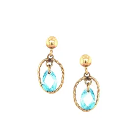 Secure look 14k Gold Open Oval With Center Blue CZ Teardrop On Screwback Post Earring