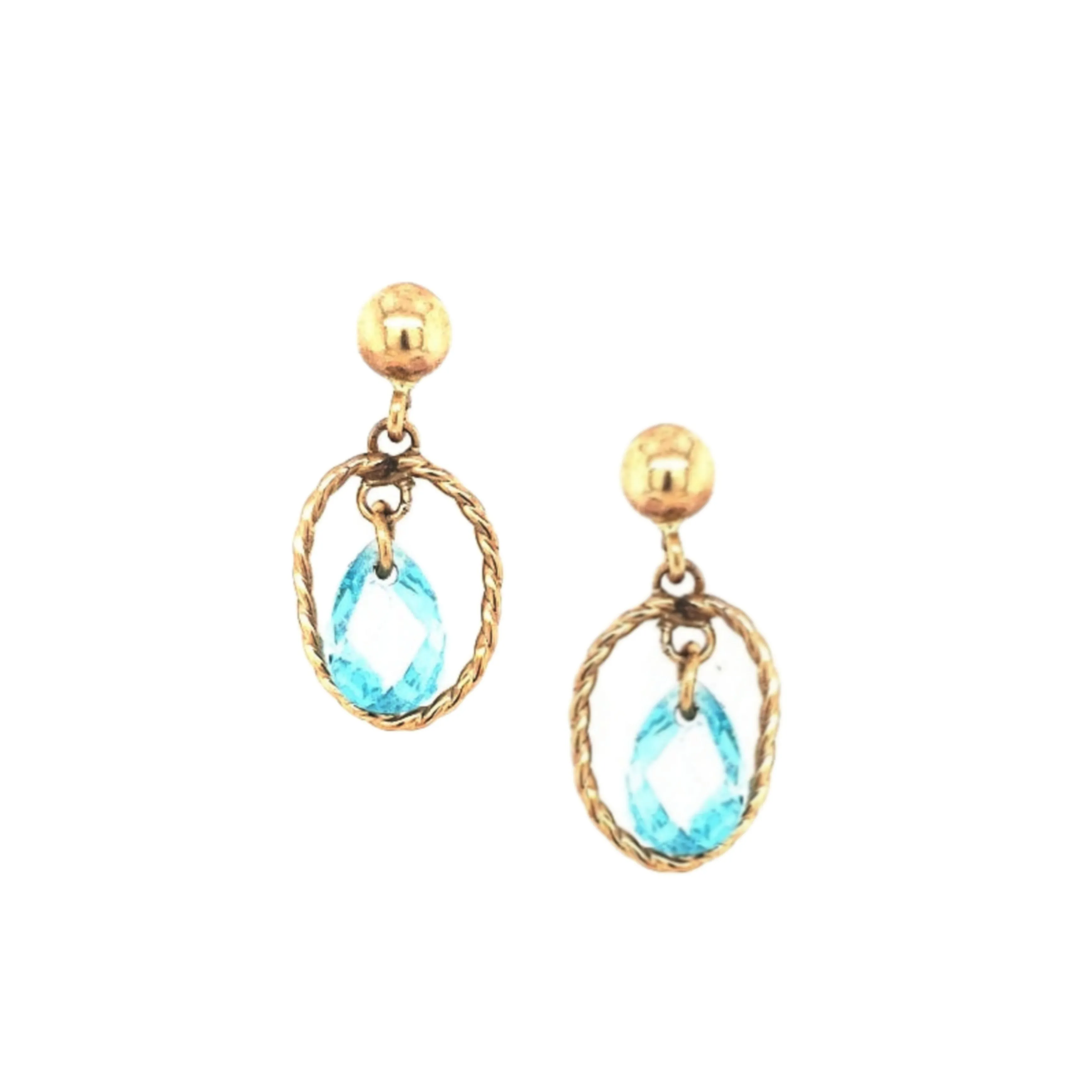 Secure look 14k Gold Open Oval With Center Blue CZ Teardrop On Screwback Post Earring