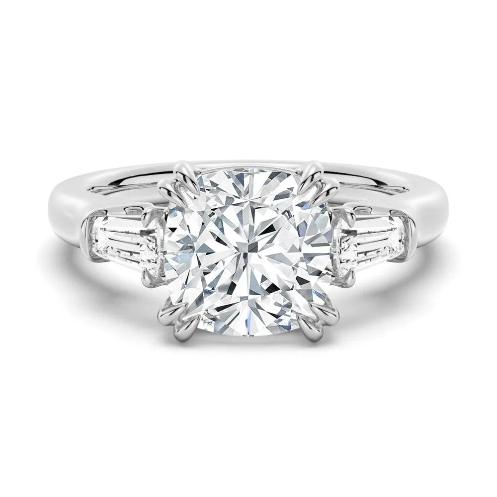 Sentimental Statement Cushion Cut Moissanite Engagement Ring with Tapered Baguette Side Stones