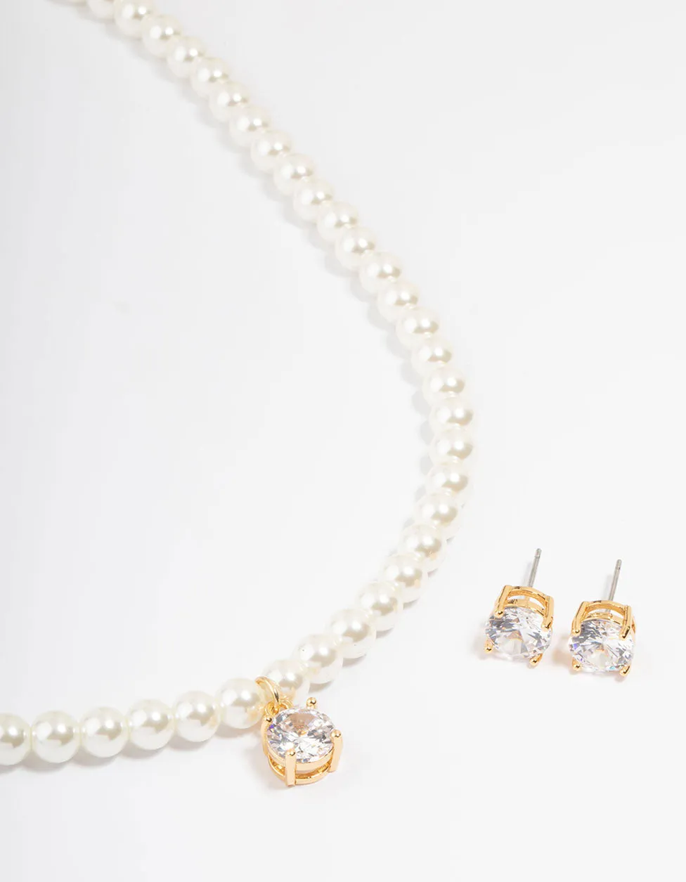 Gold Plated Pearl & Cubic Zirconia Necklace & Earring Set Exquisite Style Rich Color