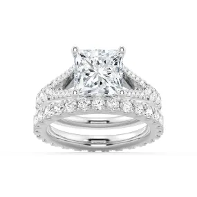 Accent Piece Princess Cut Split Shank Moissanite Ring Set with Matching Wedding Band